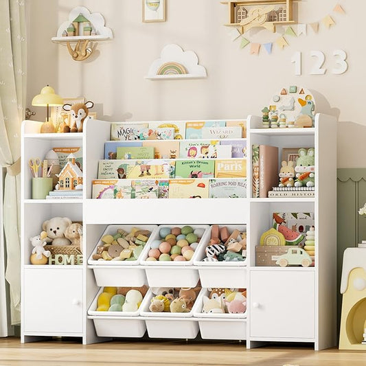 FINETONES Toy Storage Organizer with 6 Toy Bins, Toy Organizer Kids Bookshelf with 6 Cubbies, Toy Organizers and Storage Bins, Playroom Storage and Toy Chest, White