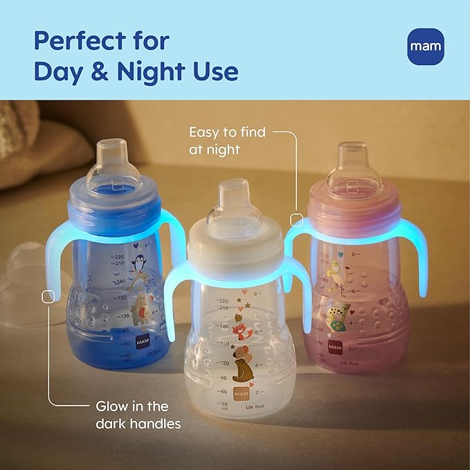 MAM Trainer Sippy Cup for Toddlers 1-3, 8 oz. Transition Drinking Cup with Extra-Soft Spout, Spill-Free Nipple, and Non-Slip Handles, for Boys 4+ Months, 1 Count