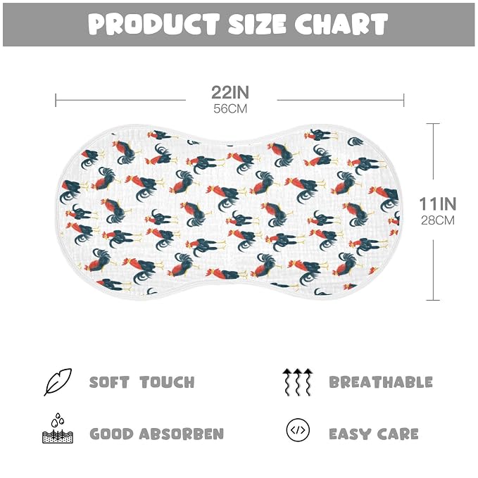 Muslin Baby Burp Cloths, Red and Black Vintage Rooster Muslin Baby Bibs Rags Comfy Soft Absorbent in for Newborn Boys and Girls 4 Piece 22 x 11 Inch