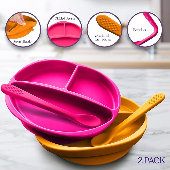 Silicone Suction Plate for Baby - 100% Food Grade Silicone Divided Plate | Toddler Self Feeding Training Suction Plate Set | BPA-Free, Microwave Dishwasher Safe Stay Put Plates (Pink & Orange)