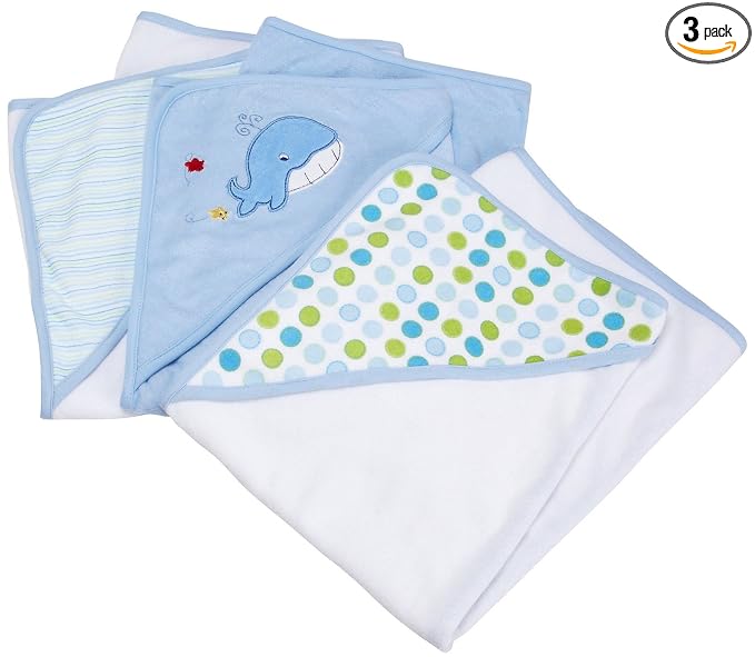 Spasilk Hooded Towel Set for Newborn Boys and Girls, Soft Terry Baby Towels, Baby Bath Essentials, Ideal, Blue Whale, Pack of 3