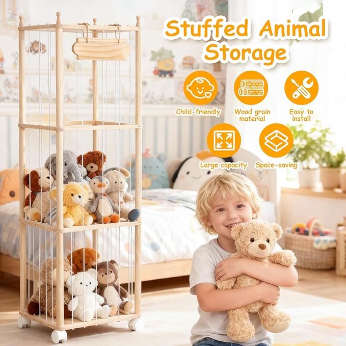 Stuffed Animal Toy Storage - Wooden Large Organizer Holder for Kids' Room and Playroom - Plush Zoo Animals Holder with Elastic Cords & Brake Wheel for Toddler Bedroom Toys Stuff Organization