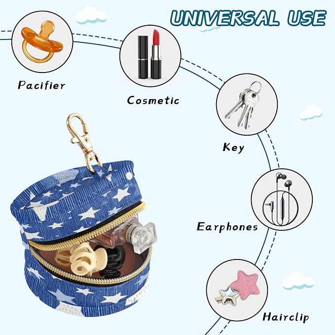Pacifier Holder with Clip Pacifier Case for Diaper Bag Round Baby Pacifier Pouch Box Bag Portable Blue Striped Stars Dots