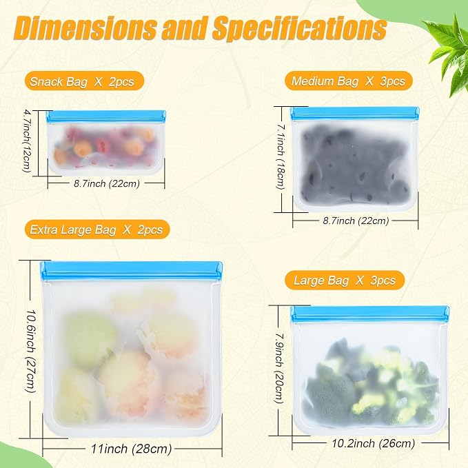 Reusable Silicone Food Storage Bags, 10 Pack 4 Size Leak proof Dishwasher Safe Reusable Freezer Bags for Food Storage Containers, Lunch Bag for Sandwich, Marinate Meat, Fruit