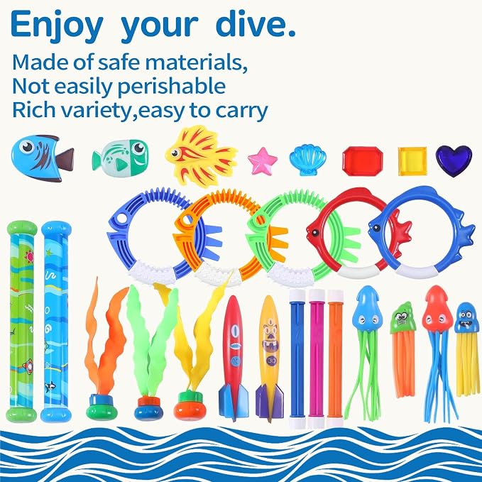 32 Packs Summer Pool Diving Swimming Essentials Water Toys for Kids, Fun Swim Games Sinking Set, Underwater Dive Easter Day Gifts with Storage Bag Include Torpedo Gems Shark Rings Sea Animals