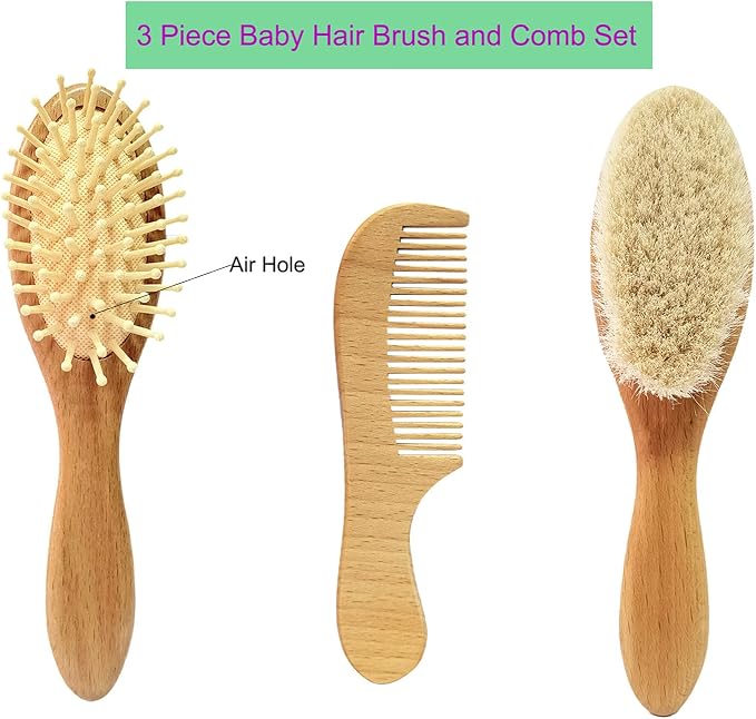 3 Piece Baby Hair Brush and Comb Set for Newborn & Toddlers- Natural Wooden Hairbrush with Soft Goat Bristles for Cradle Cap - Perfect Scalp Grooming Product for Infant, Toddler, Kids, Baby
