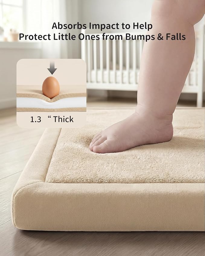 Goyuu Ultra Soft 1.3" Thick Baby Play Mat for Floor, 50x50 Playpen Mat Elasti-Foam Padded Crawling Mat for Babies, Toddlers, Infant, Kids, Non-Slip Backing Safe for Tummy Time, Beige