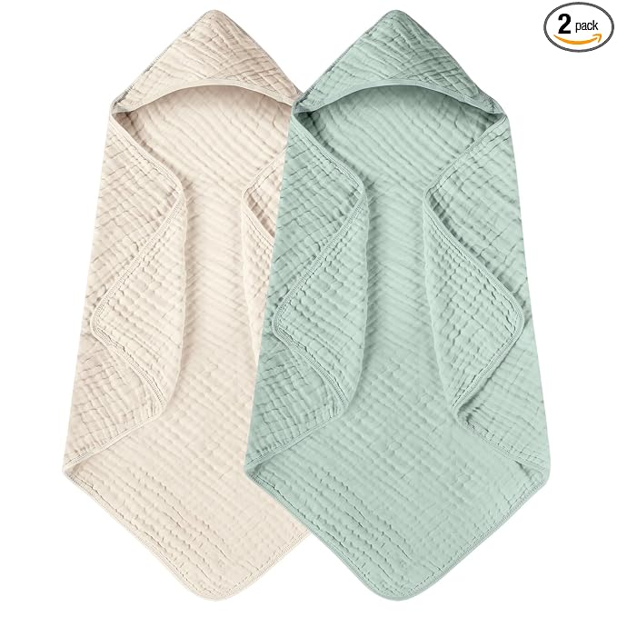Yoofoss Hooded Baby Towels for Newborn 2 Pack 100% Muslin Organic Cotton Baby Bath Towel with Hood for Babies, Infant, Toddler and Kids, 32x32Inch, Soft and Absorbent Newborn Essential,Apricot&Green