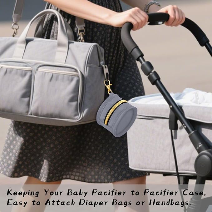 Grey Pacifier Holder Case Newborn Pacifier Storage Pouch for Boys Girls Easy Attach to Diaper Bag Portable Baby Essentials Container