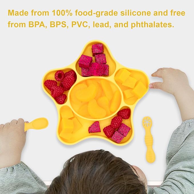 BabyX Silicone Feeding Set (3 PCs) Cove & Coast Series, Baby Plate with Suction Cup, Training Spoon and Fork, BLW Utensils for Toddler Kid, BPA-Free, Microwave/Dishwasher Safe - Yellow Sea Star