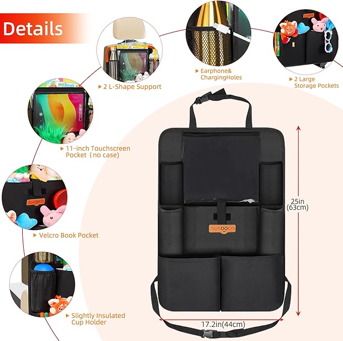 SURDOCA Upgraded Car Organizer with 11-inch Tablet Holder, 8 Pockets, Car Seat Protector for Road Trips - Car Storage and Organizers for Kids