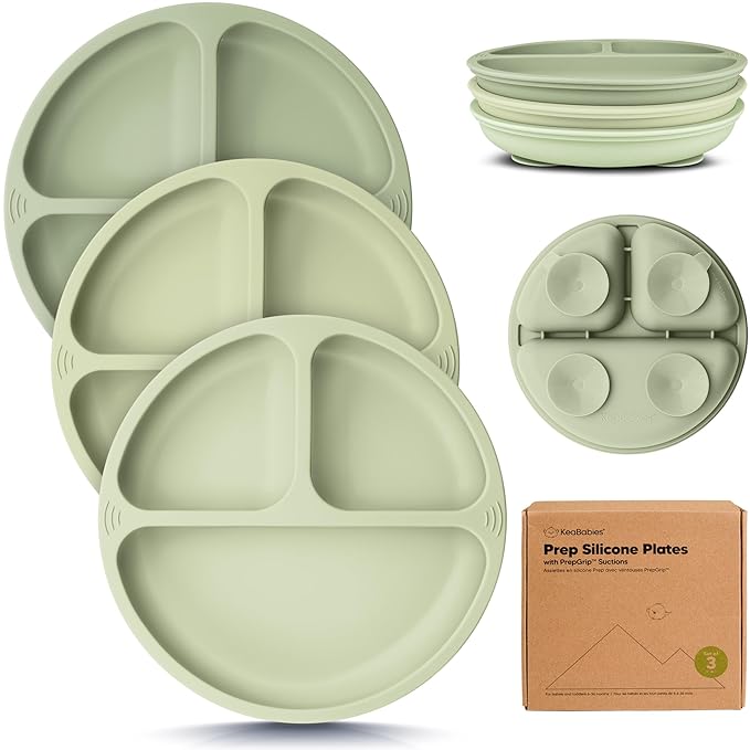 KeaBabies Suction Plates for Baby, Toddler - 3-Pack 100% Silicone Toddler Plates with Suction, Divided, BPA-Free Baby Led Weaning Essentials for Kids, Dishwasher, Microwave Safe, Durable (Sage)