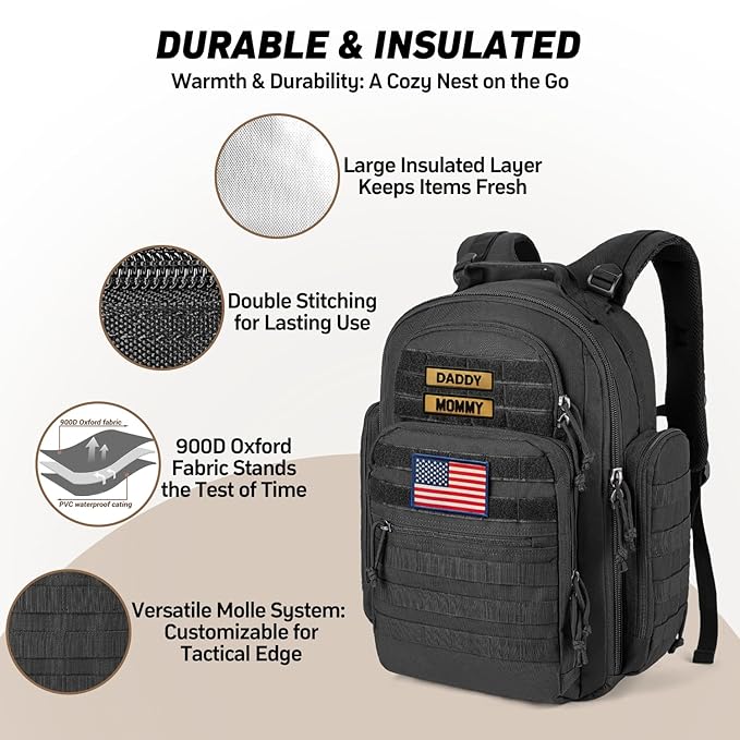 SHARKMOUTH Dad Diaper Bag Military - Large Baby Diaper Backpack with Changing Pad for Travel Camping Trips Park - Newborn Baby Shower Gifts Black