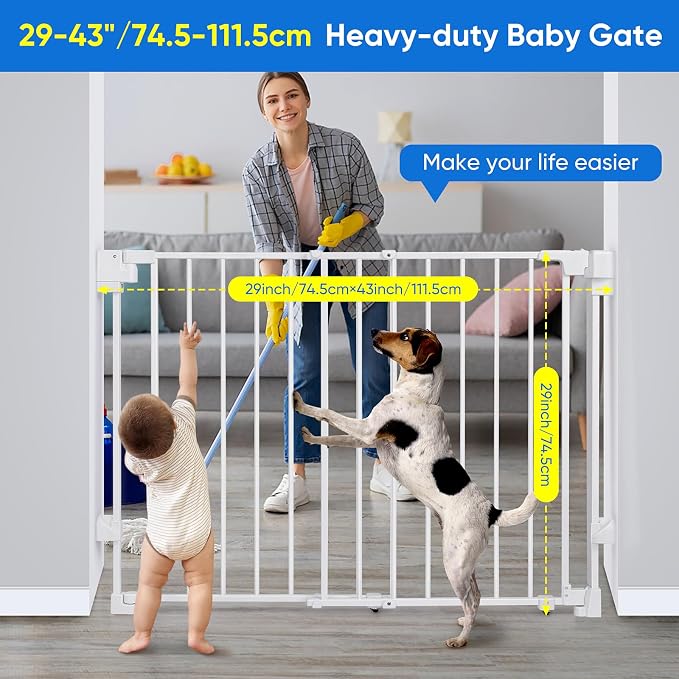 Upgraded 29-43" No Bottom Bar Baby Gate,Heavy-Duty Hardware Mount Dog Gate, Adjustable Baby Gate,for House/Stairs/Doorways Use, Safety Pet Gates with Gate Pulley,Walk Thru Door,Two Way Open