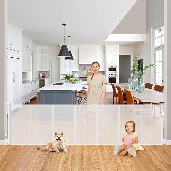 Reinforced 200 Inch Extra Long Dog Gate Indoor 37??Tall Outdoor Retractable Baby Gates for Doorways Extra Wide 16ft Bottom Anti-Crawl Indoor Extra Long Baby Gate Retractable Dog Fence/Barrier, White