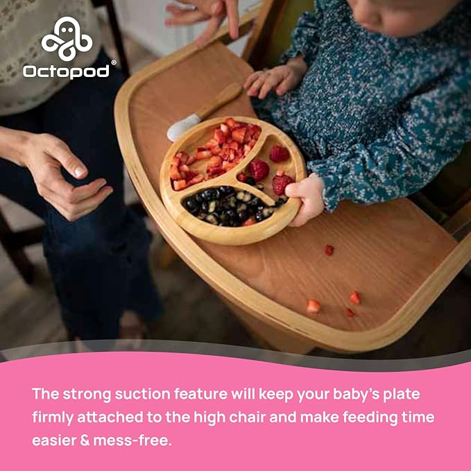 Abiie Octopod Bamboo Dish - Kids Plates for 4 months and up, 3-Compartment Baby Plates with Suction, Round Bamboo Baby Plate, Mess-Free Toddler Suction Plates, Baby Feeding Supplies, 7.5 x 7.5 x 1.9in