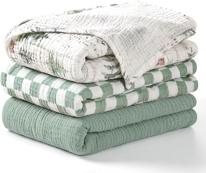 lulumoon Muslin Swaddle Blankets for Baby: Lightweight & Breathable Receiving Blankets for Hospital - Neutral Registry Gift for Newborn 3pack (Sage Foreststump)