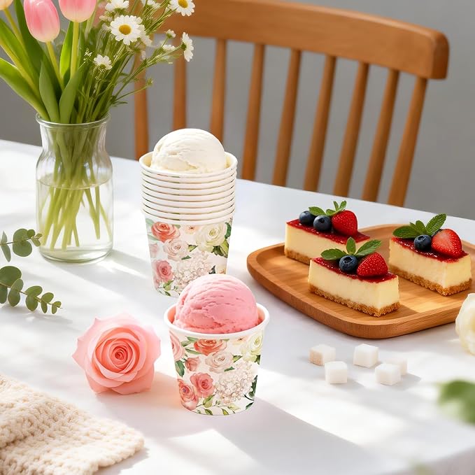 WRAPAHOLIC 3oz Flower Paper Cups - 100 Pack Disposable Bathroom Cups with Pink White Rose Floral Design, Small Mouthwash Cup for Toothbrush Rinse, Home Bathroom, Wedding and Mothers Day