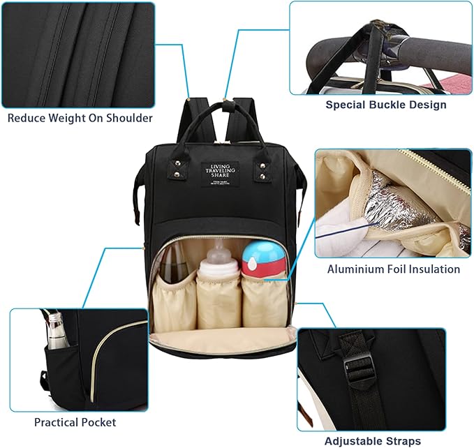 Timberer Diaper Bag with Organizing Pouches, Nappy Bags Handbag Multifunction Diaper Bag for Baby Care Travel Backpack Large Capacity Black