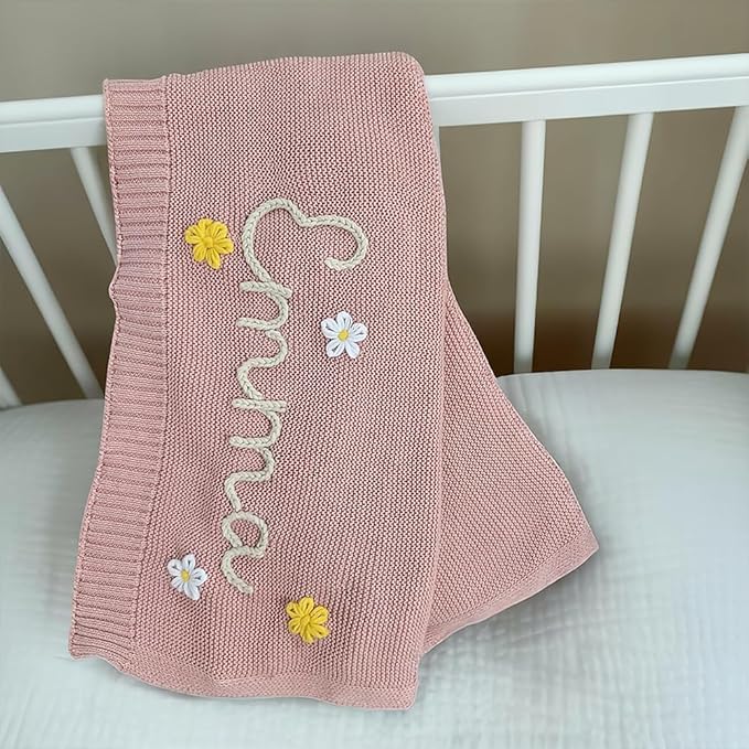 Luxury Personalized Name Baby Blanket, Hand-Embroidered Name Baby Blanket, Soft Breathable Cotton Knit Kids Blankets, Newborn Kid Gift, New Mom Gifts, Newborn Kids Girl & Boy Gift 1