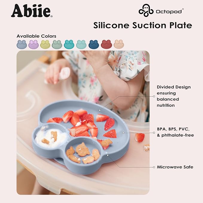 Abiie Octopod Frog Silicone Plates with Suction - Spill Proof, Easy to Clean - BPA-Free Bowl - Suction Plates for Baby and Toddler - Training & Feeding Divided Grip Dish (Pink Lavender)