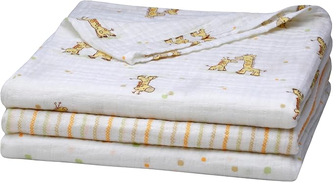 3 Pack Cotton Muslin Swaddle Blankets for Baby, 40" x 36", Lightweight, Breathable, Multicolored Print, (Little Me Giraffe)