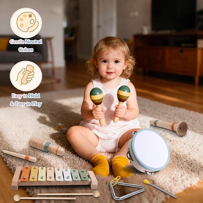 Wooden Musical Instruments Set for Toddlers 1??, Montessori Music Toys with Xylophone, Maracas & Tambourine, Soft Sound Indoor Percussion Toys, Early Learning Gift for Boys Girls