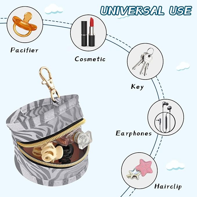 Pacifier Holder with Clip Pacifier Case for Diaper Bag Round Baby Pacifier Pouch Box Bag Portable Light Silvery Zebra Print