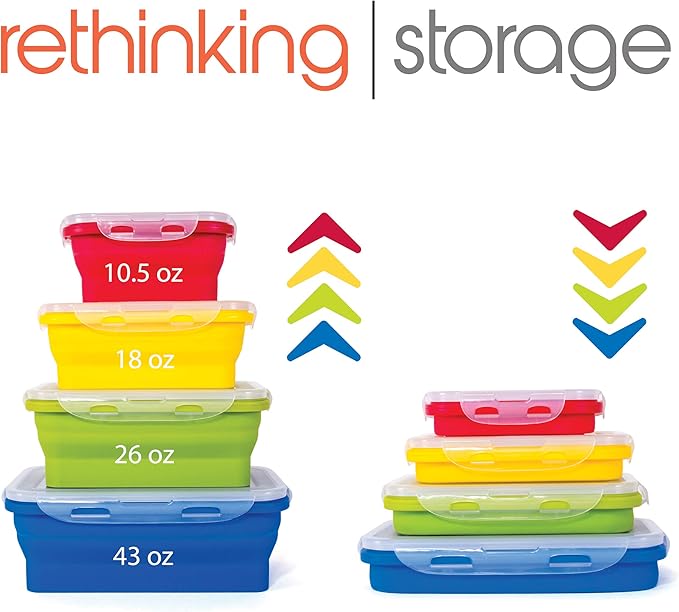 Kitchen Home Thin Bins Collapsible Containers ??Set of 4 Rectangle Silicone Food Storage Containers ??BPA Free, Microwave, Dishwasher and Freezer Safe