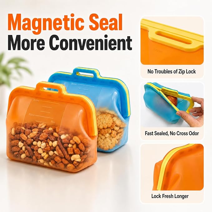 Reusable Silicone Food Storage Bags, Magnetic Seal Reusable Storage Bags, Stand Up Silicone Freezer Bags for Food, Fruit, Snack, Sandwich, Meal Prep, Dishwasher Safe, 50oz, 1 Pack