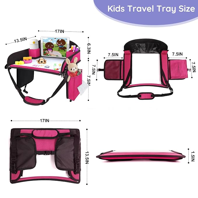 2Pcs ‎Kids Travel Tray, Kids Travel Trays for Car Seat, Road Trip Essentials for Toddler, Carseat Lap Tray with Dry Erase Board & Storage Organizer for Road Trip Activities for Kid, Pink