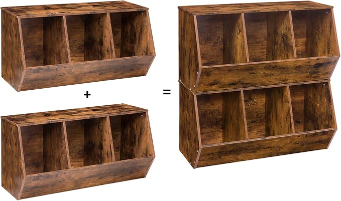HOOBRO Toy Storage Cubby, Kids Bookshelf, Stackable 3-Bin Toy Storage Cabinet, Bookcase Footboard, Children's Toy Shelf, Suitable for Children's Room, Playroom, Hallway, Rustic Brown BF30CW01