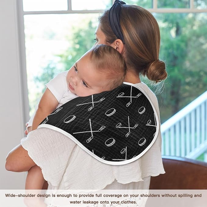 2 Pack Muslin Burp Cloths Ice Hockey Black Print Cotton Baby Burp Cloths Ultra Absorbent Burping Cloth Soft Spit Up Rags for Newborn Must Haves, Large 22" x 11"