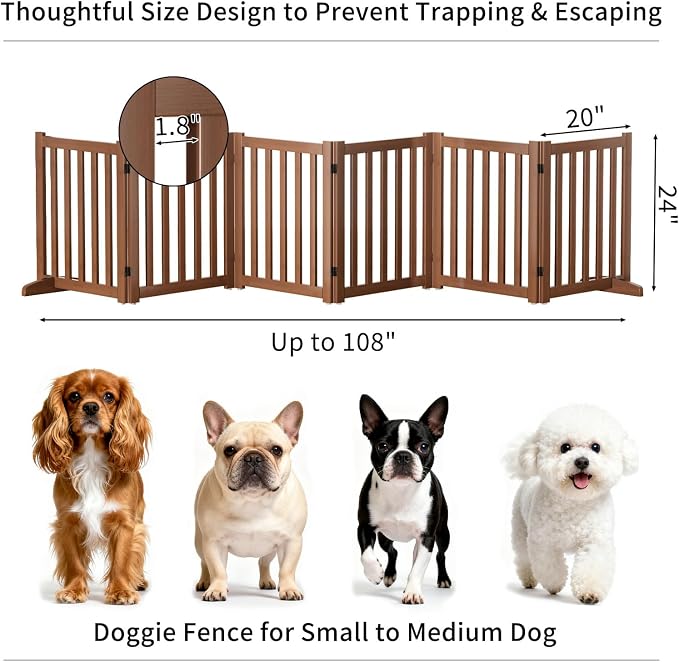 Wooden Freestanding Foldable Dog Gate, 24 Inch Height 6 Panel Pet Gate No Drill for Doorways Stairs, Fully Assembled Indoor Puppy Fence (Teak Color, 120" W x 24" H)