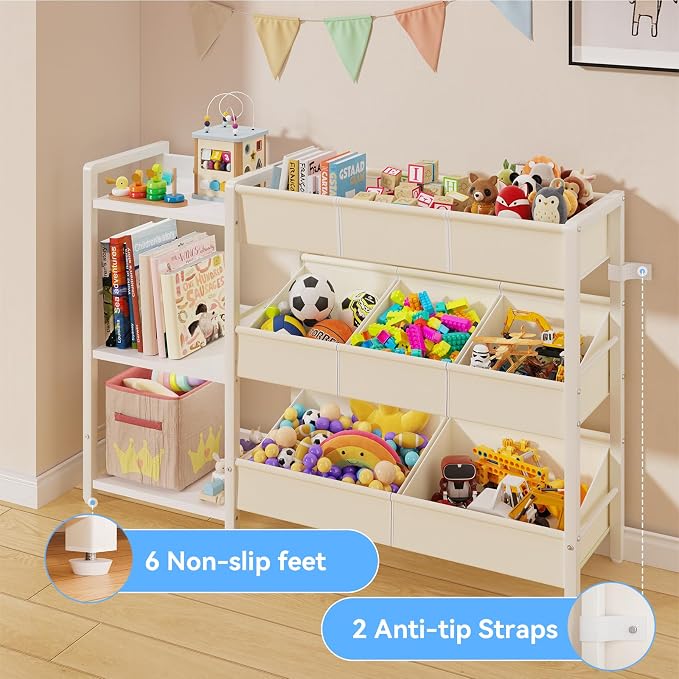 B7 Toy Storage Organizer with 3-Tier Wooden Shelves, Toy Chest Storage with 8 Bins, Toy Shelf Organizer, Kids Bookshelf and Toy Storage for Kids Room, Bedroom, Playroom, Nursery