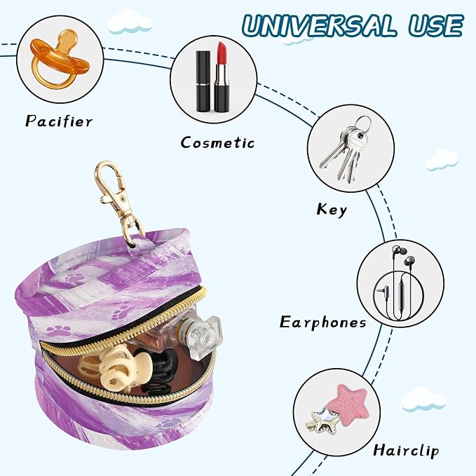 Pacifier Holder with Clip Pacifier Case for Diaper Bag Round Baby Pacifier Pouch Box Bag Portable Lavender Pawprints Stripes White Purple