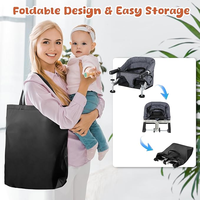 Hook On High Chair, Portable Foldable Clip On Baby Travel High Chair, Lightweight Feeding Seat with Storage Bag, BPA-Free Safety Harness for Home Restaurant (Grey)