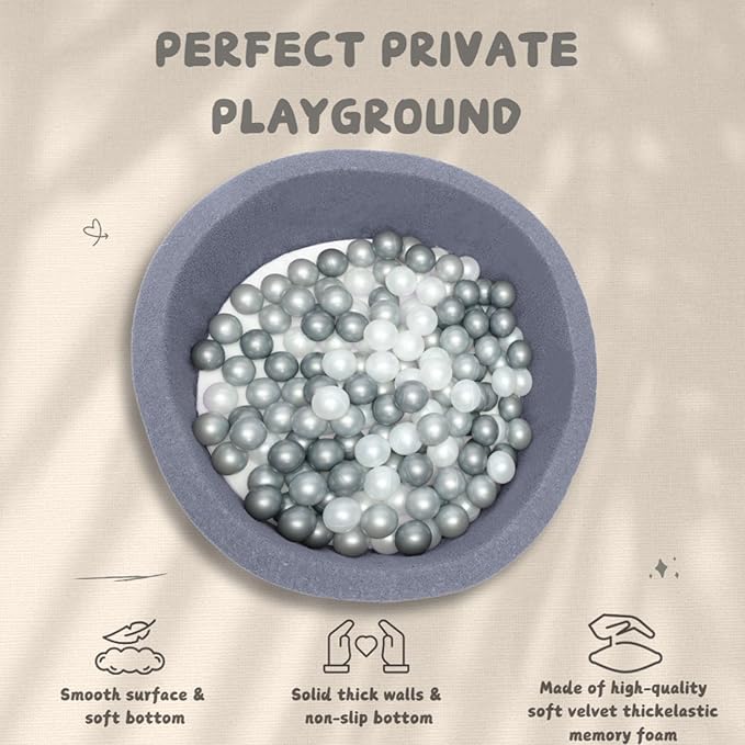 Foam Ball Pit for Toddlers - 36.5" x 13.2" Toddler Ball Pit (Includes 150 Balls),100% Cotton Cover & High-Resilience Memory Foam, Machine Washable, Foldable for Indoor/Outdoor (Grey)