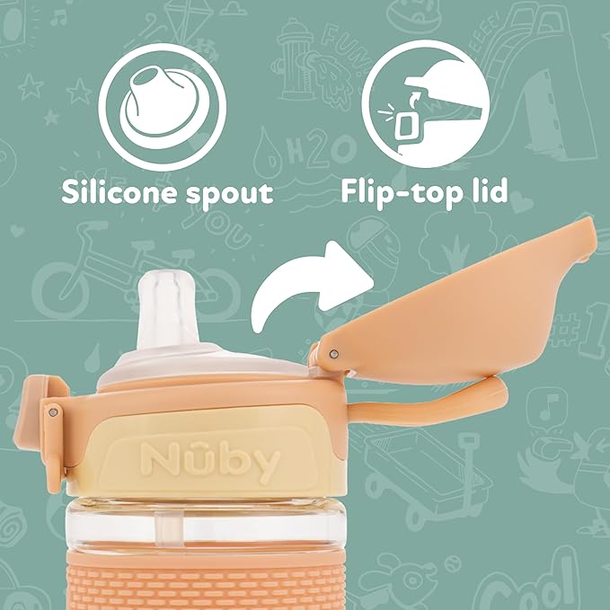 Nuby Thirsty Kids Flip-It Bolt Toddler Cup with Push-Button Locking Flip-Top and Silicone Spout - 12 oz - Easy-Grip and Spill-Resistant - 18+ Months - Butterflies