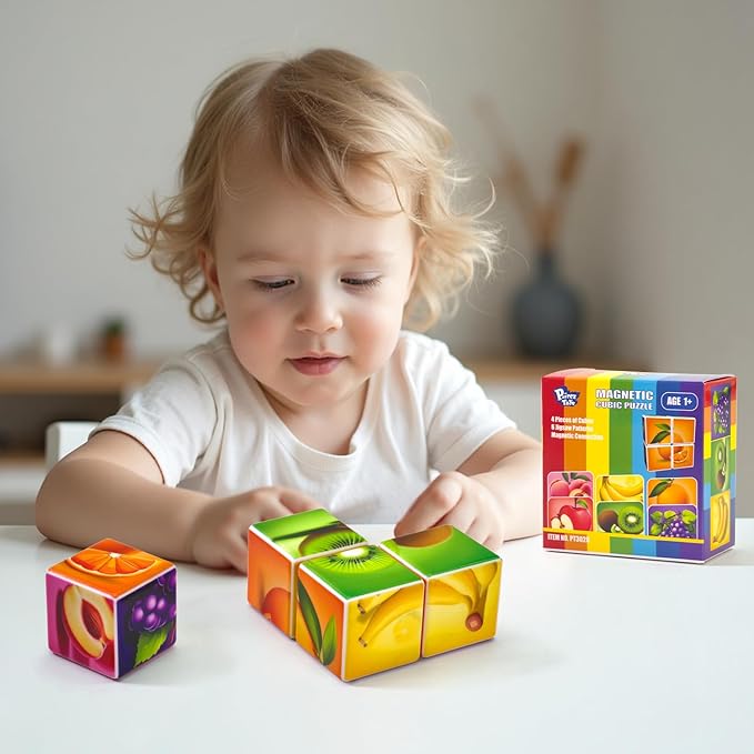 Pairez Toys Magnetic Blocks Toddler Toys, 1.65 inch Large Building Cubes for Kids Boys & Girls Age 1+, Fruit Magnet Puzzle Cubes, Preschool Educational Brain Teaser Toys