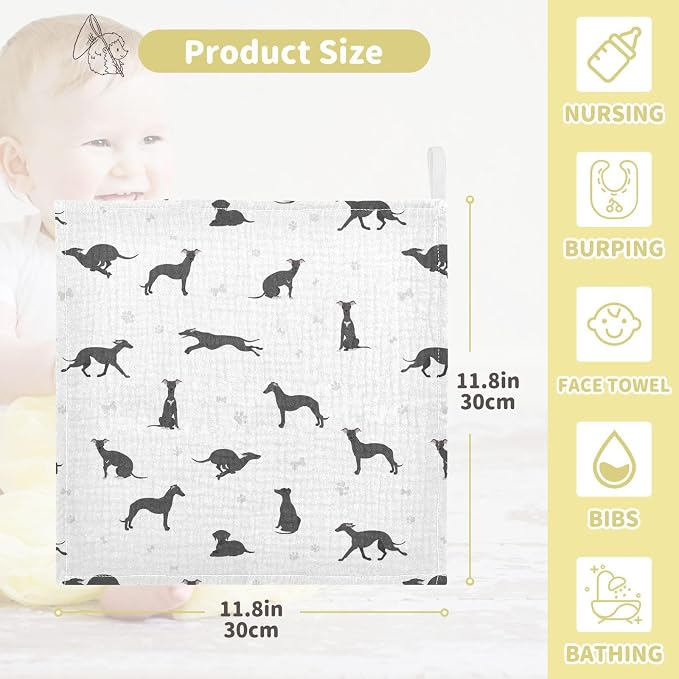 vvfelixl Baby Cotton Washcloths Whippet Dog Infants Bath Towel for Unisex Puppy Face Towels for Newborn, Natural Baby Wipes Delicate Skin, 11.8 X 11.8 inch, one sizex3