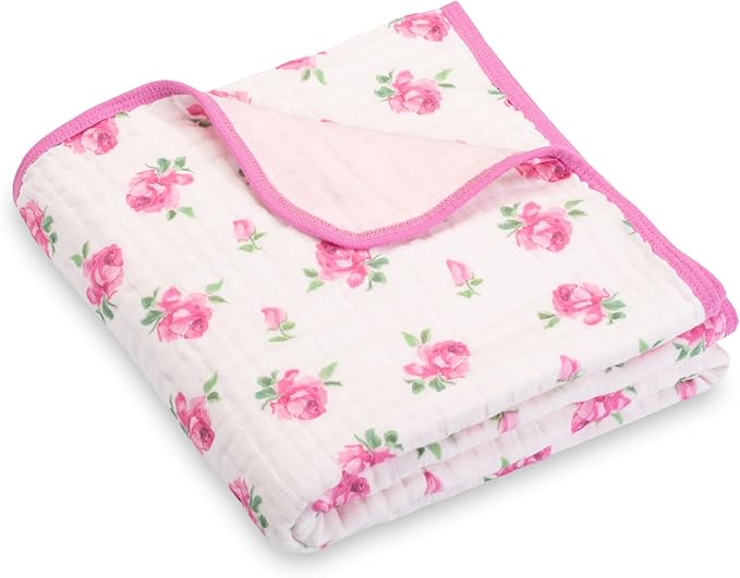 LollyBanks Muslin Baby Quilt, 100% Organic Cotton 6-Layer Soft Baby Blanket for Girls, Large 47 x 47 Inches Infant Receiving Blanket, Durable Toddler Quilt, Cozy Newborn Blankets (Rosebud Print)