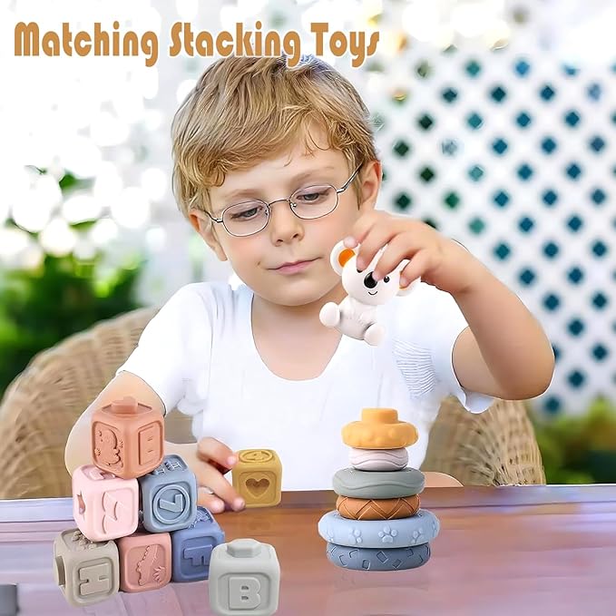 2-in-1 Soft Stacking Blocks & Rings,Montessori Sensory Toys for Babies 6 12 18 Months,Essentials Squeeze Teether,Textured,Sensory Educational Learning Toys for Infant