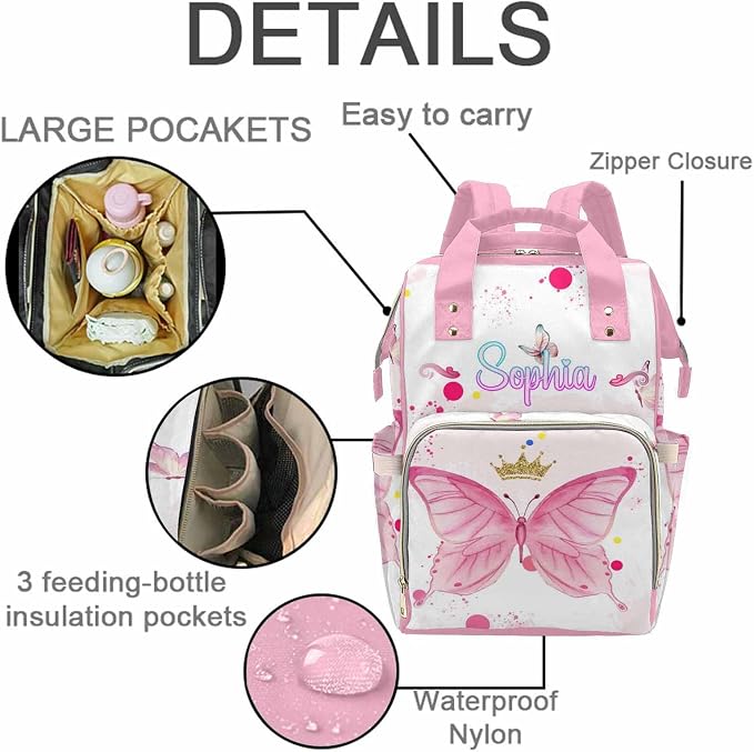 M YESCUSTOM Custom Diaper Bag for Girls - Large Capacity Backpack with Pockets - Butterfly Personalized Baby Diaper Bags for Mom - Waterproof Nappy Bag - Newborn Gift