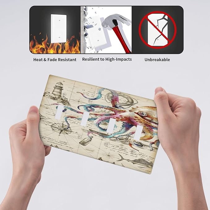 Cool Colorful Nautical Octopus Ocean Kraken Vintage Light Switch Covers Quad Toggle Electrical Faceplate 4 Gang Wall Plate Decorative Switch Plates Cover for Bathroom Farmhouse Decor