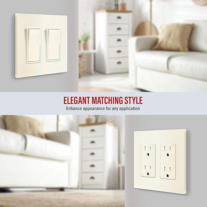 ENERLITES Screwless Decorator Wall Plates Child Safe Outlet Covers, Size 2-Gang 4.68" H x 4.73" L, Polycarbonate Thermoplastic, SI8832-LA-10PCS, Glossy, Light Almond (10 Pack)