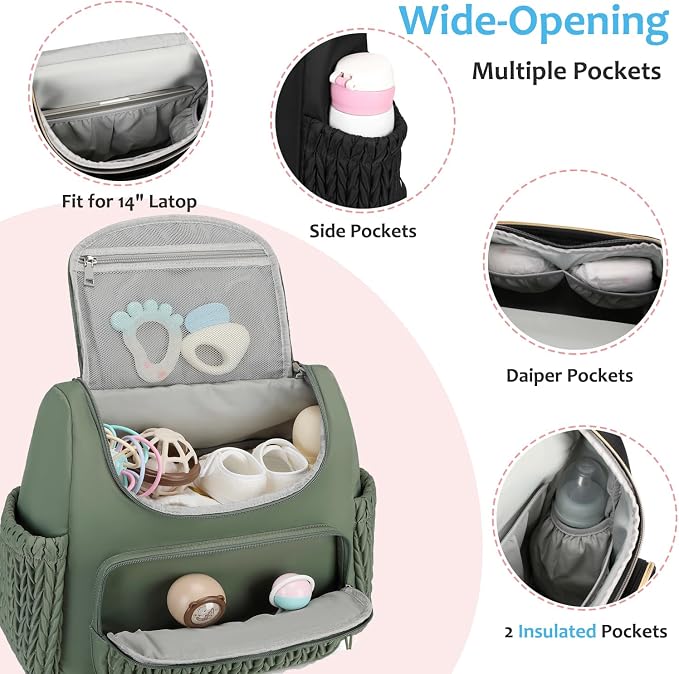 LORADI Diaper Bag Backpack, Baby Shower Gifts, Sage | Stroller Clips, Insulated Pockets, Water-resistant, Easy to Clean, Durable