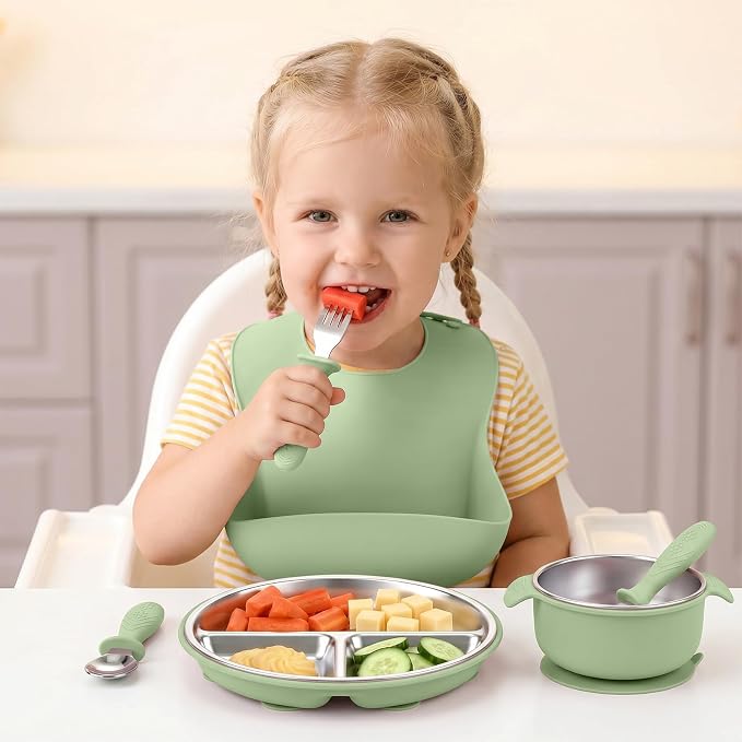 5-in-1 Stainless Steel Baby Feeding Set, Suction Divided Plates, Bowls, Silicone & Stainless Spoon Fork, Baby Tableware for Self-Feeding, Durable, BPA-Free (Green)