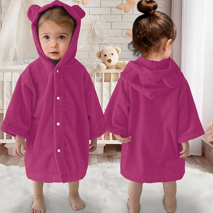 VOOVA & MOVAS Toddler Hooded Poncho Towel with Bear Ear, 0-24Months | 100% Cotton, Ultra-Soft & Absorbent | Gentle for Sensitive Skin, Bath, Pool & Beach Towel | Newborn, Rose Red