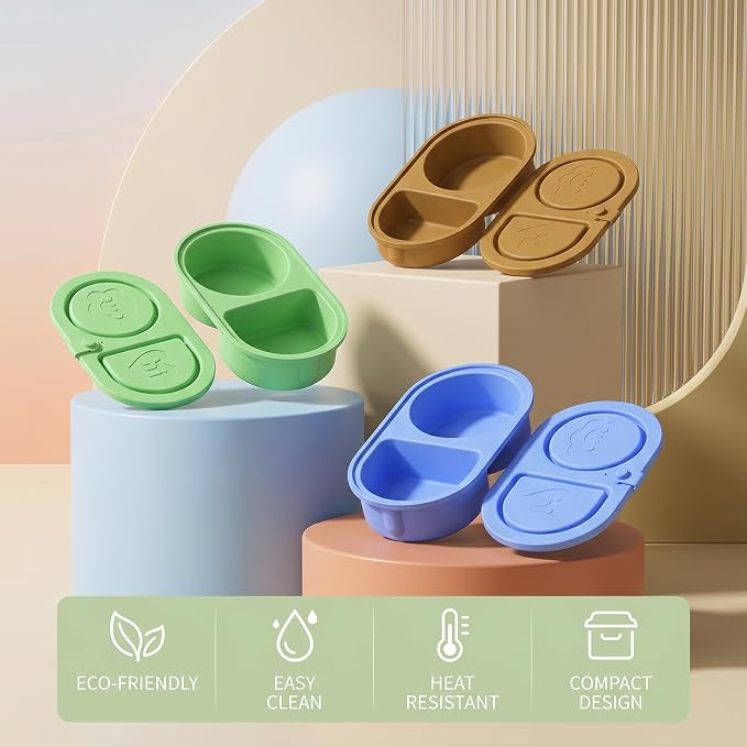 3 Pcs Reusable Bento Box, 2-Compartment Snack & Lunch Container for Adults, Food Grade Silicone, Microwave/Dishwasher/Freezer Safe, Ideal for School, Office, Camping and Picnic